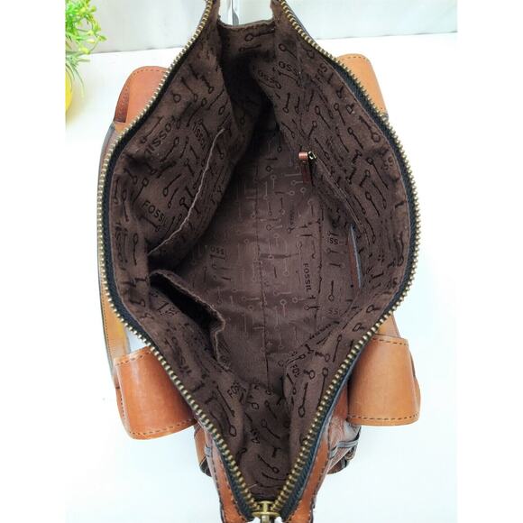 Fossil Maddox Brown Leather Black Stripe Zipper Satchel Shoulder Bag - Picture 8 of 10